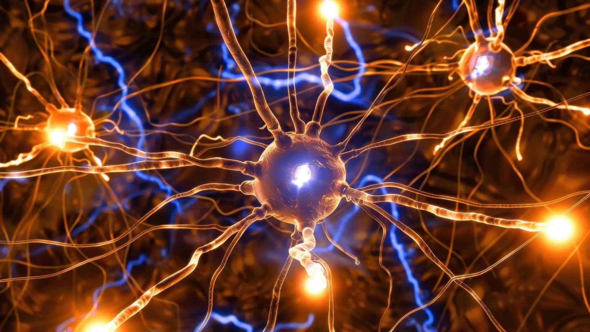 Vue 3D neurones  oranges connexion  avec filaments bleus