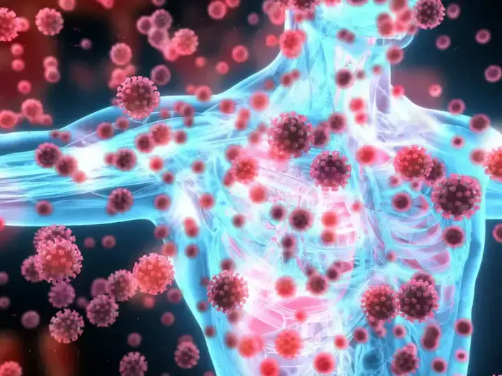 Vue 3D silhouette bleue qui  résiste à l'attaque de cellules rouges