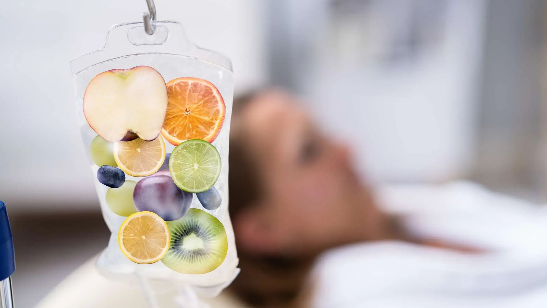 Poche perfusion Bien-être avec fruits à l'intérieur et visage de femme en arrière-plan