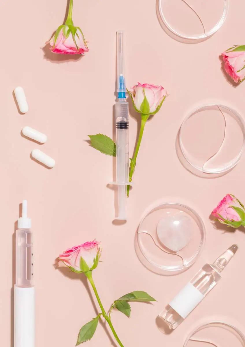 Vue de haut seringues peptides avec roses sur fond rose