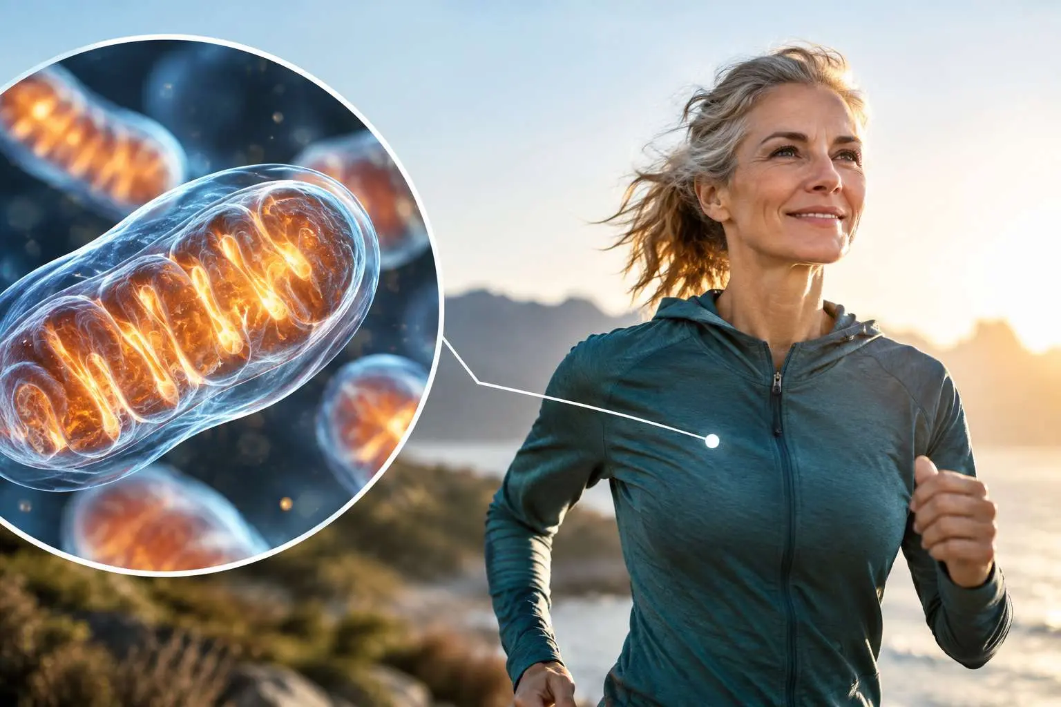 Gros plan 3D mitochondries avec femme senior qui court à côté