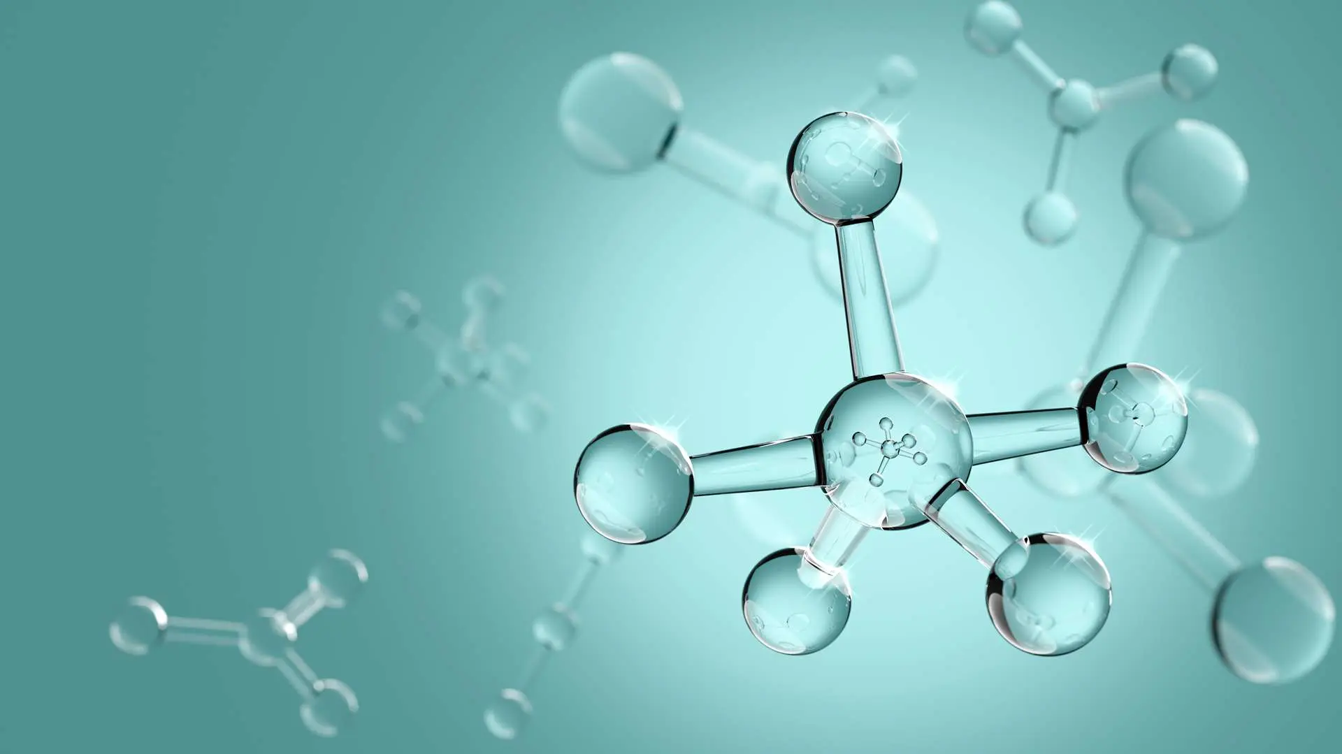 Vue 3D molécules sur fond vert d'eau